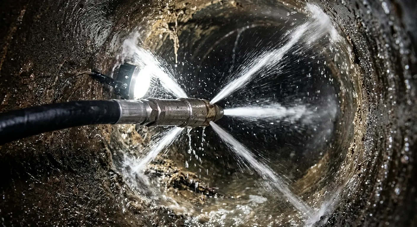 High-pressure hydro jetting nozzle cleaning sewer pipe for Trenchless Sewer Repair in Indianola