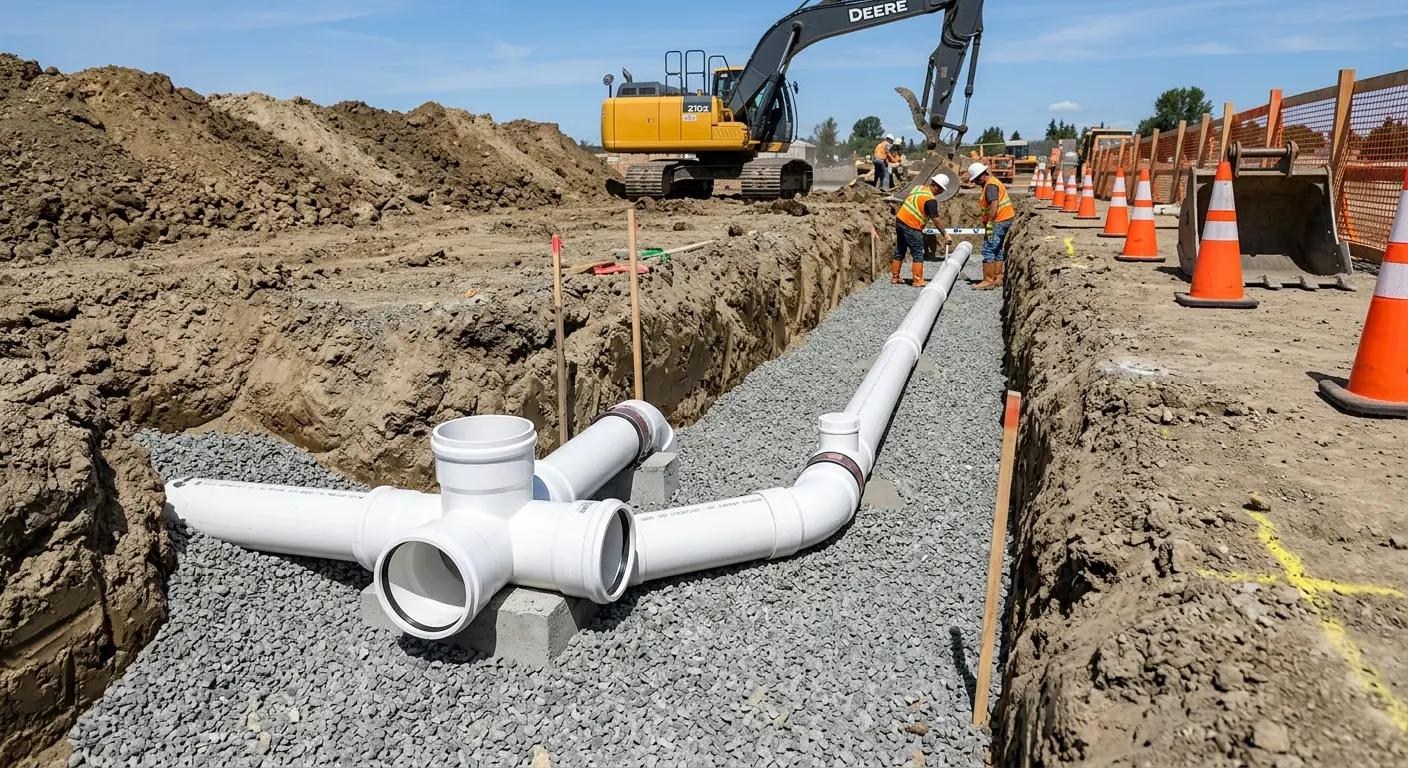 New PVC sewer pipe installation in open trench for Commercial Drain Cleaning in Indianola