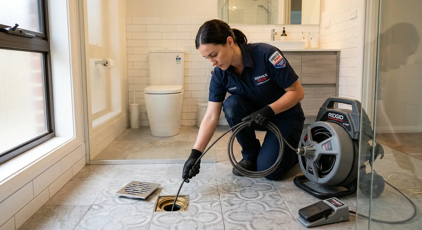 Technician clearing a bathroom floor drain for Clogged Drain Repair in Indianola